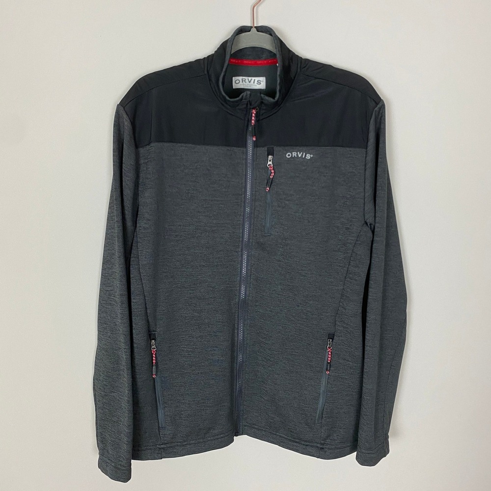 Orvis Bonded Mesh Full Zip Jacket Mens Medium Grey Black Fleece Lined Classic